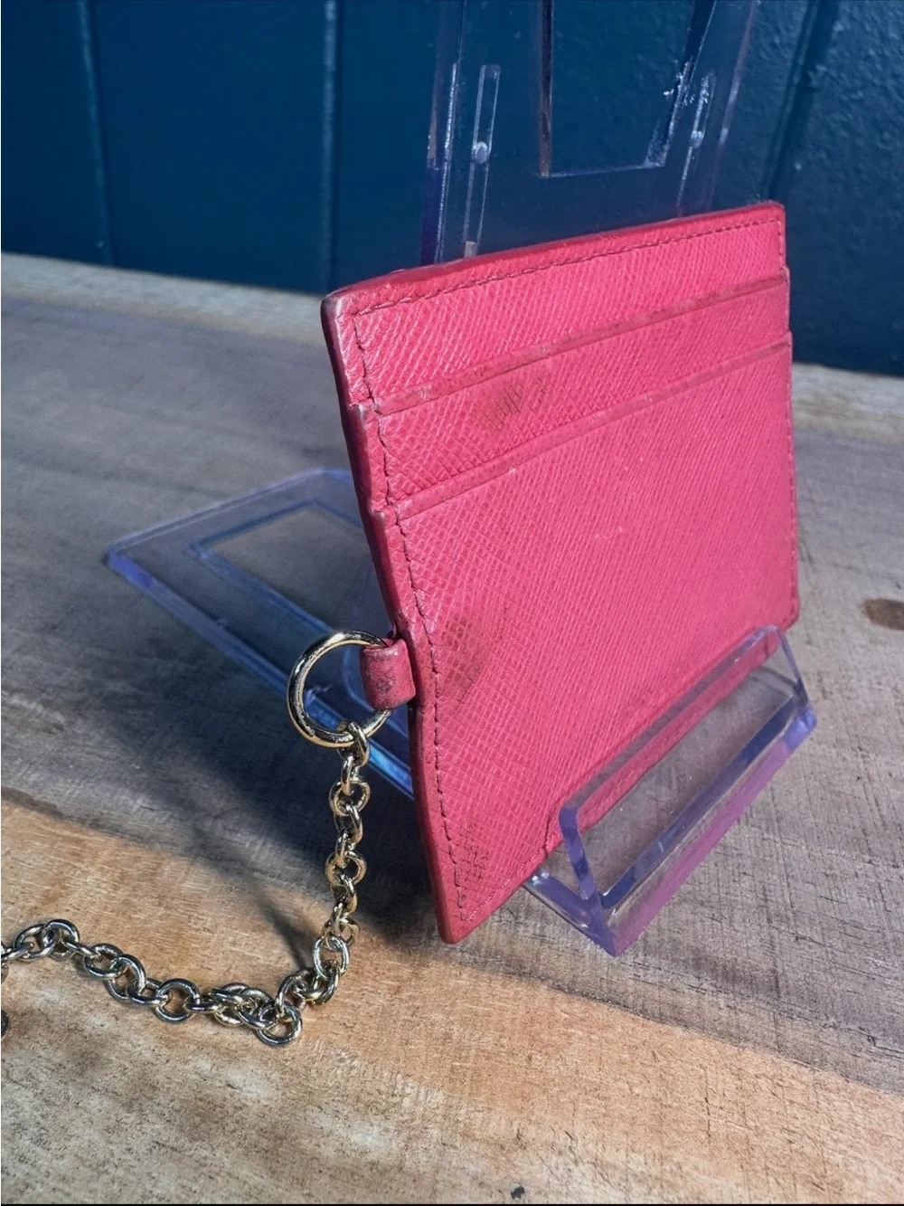 Prada Hot Pink Saffiano Leather Card Holder with Chain Keyring Made in Italy
